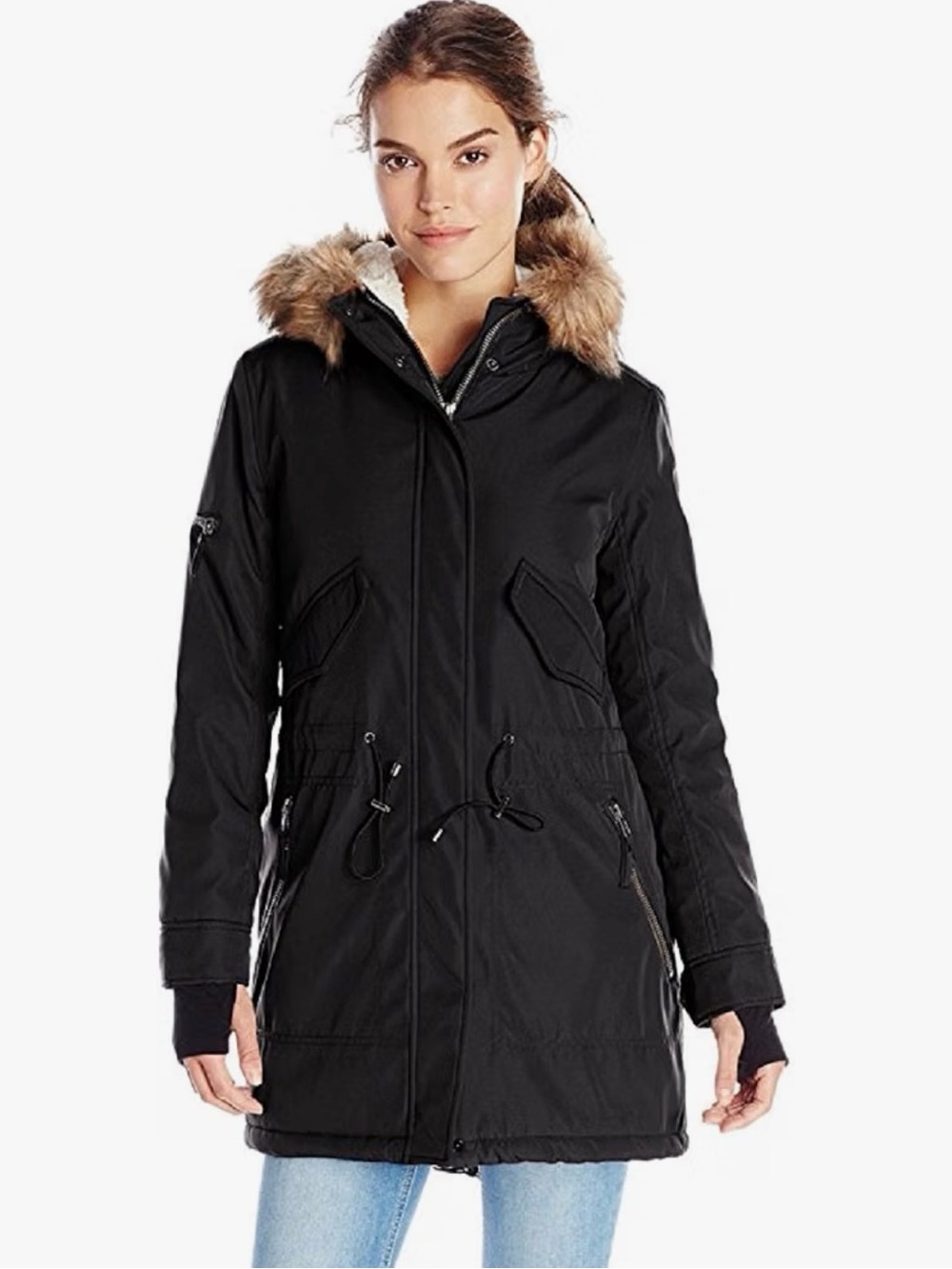 S13 NYC Sherpa Lined Faux Fur Hood Parka Puffer Coat Jacket Black Women's S/M